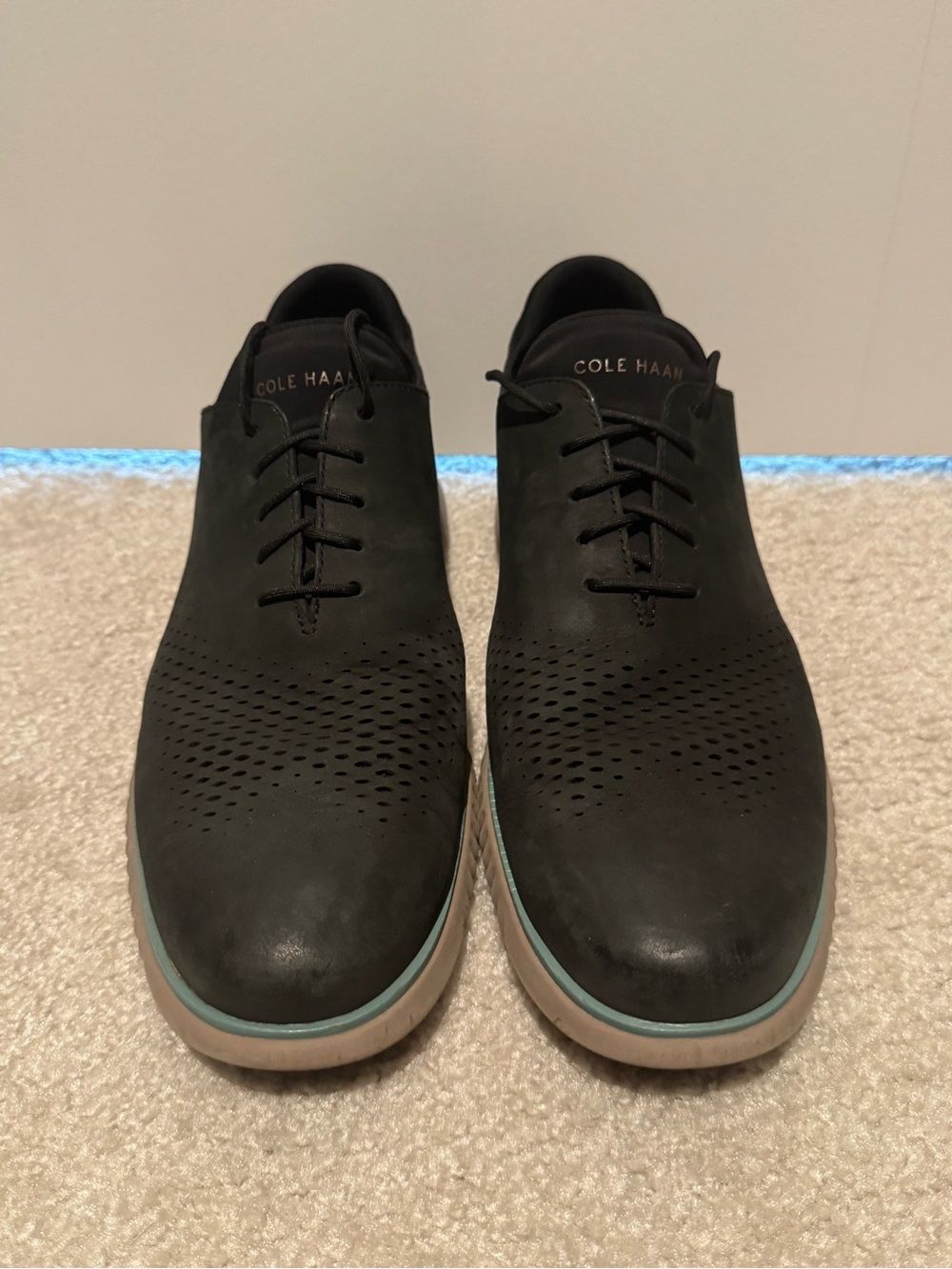 Cole Haan Black Perforated Leather Oxfords with Contrasting Trim